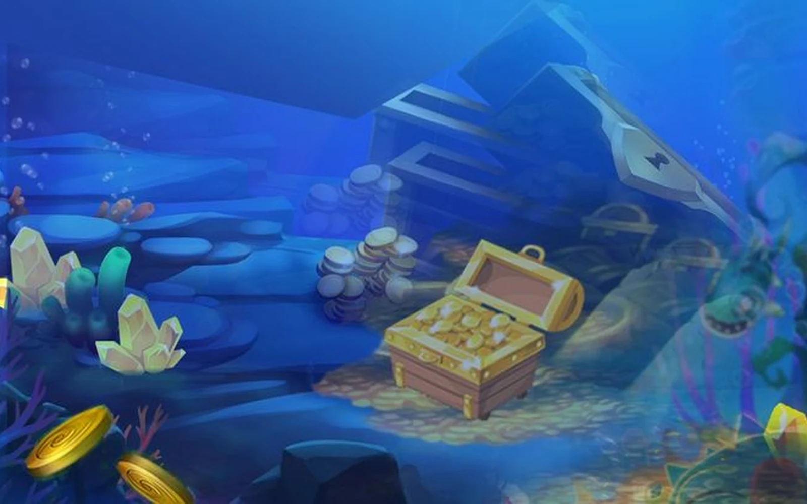 ฉากเกมยิงปลาใต้ทะเลกับปลาหลากชนิดและเอฟเฟกต์การยิง